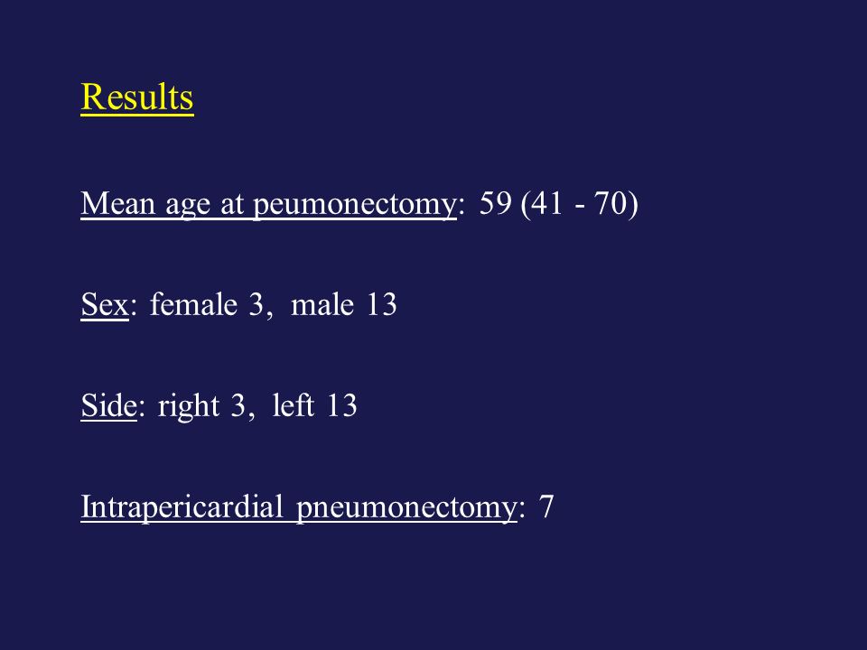 Results Mean age at peumonectomy: 59 ( ) Sex: female 3, male 13 Side: right 3, left 13 Intrapericardial pneumonectomy: 7
