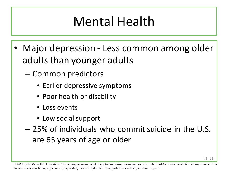 Mental Health Major depression - Less common among older adults than younger adults – Common predictors Earlier depressive symptoms Poor health or disability Loss events Low social support – 25% of individuals who commit suicide in the U.S.