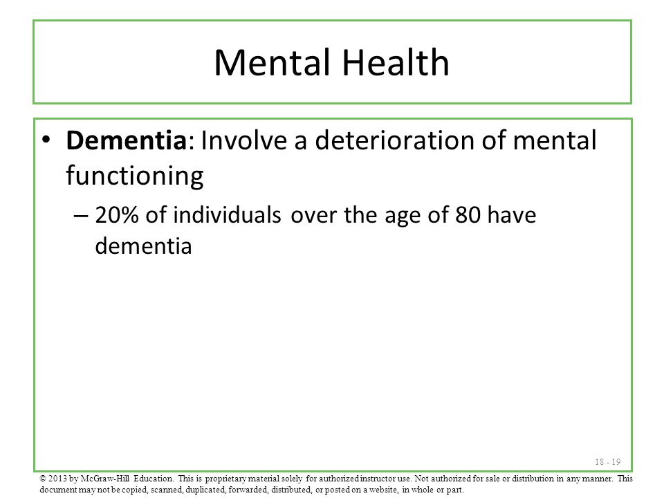 Mental Health Dementia: Involve a deterioration of mental functioning – 20% of individuals over the age of 80 have dementia © 2013 by McGraw-Hill Education.