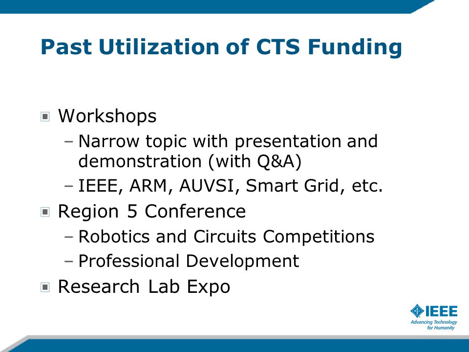 Past Utilization of CTS Funding Workshops –Narrow topic with presentation and demonstration (with Q&A) –IEEE, ARM, AUVSI, Smart Grid, etc.