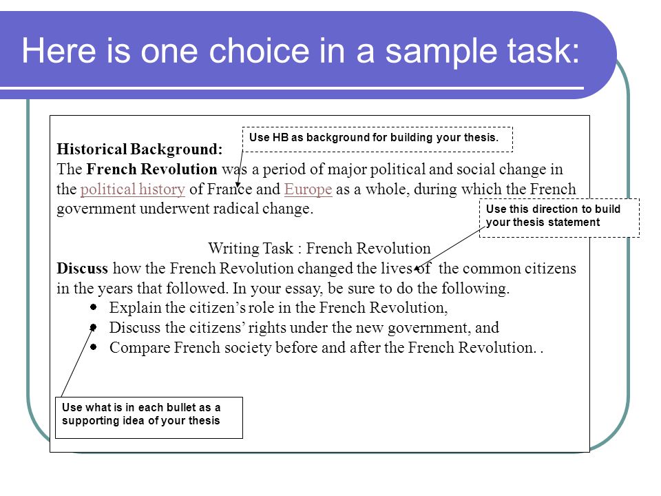 Here is one choice in a sample task: Historical Background: The French Revolution was a period of major political and social change in the political history of France and Europe as a whole, during which the French government underwent radical change.political historyEurope Writing Task : French Revolution Discuss how the French Revolution changed the lives of the common citizens in the years that followed.