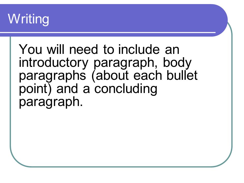 Writing You will need to include an introductory paragraph, body paragraphs (about each bullet point) and a concluding paragraph.