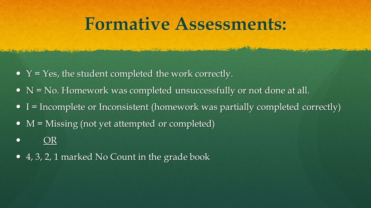 Formative Assessments: Y = Yes, the student completed the work correctly.