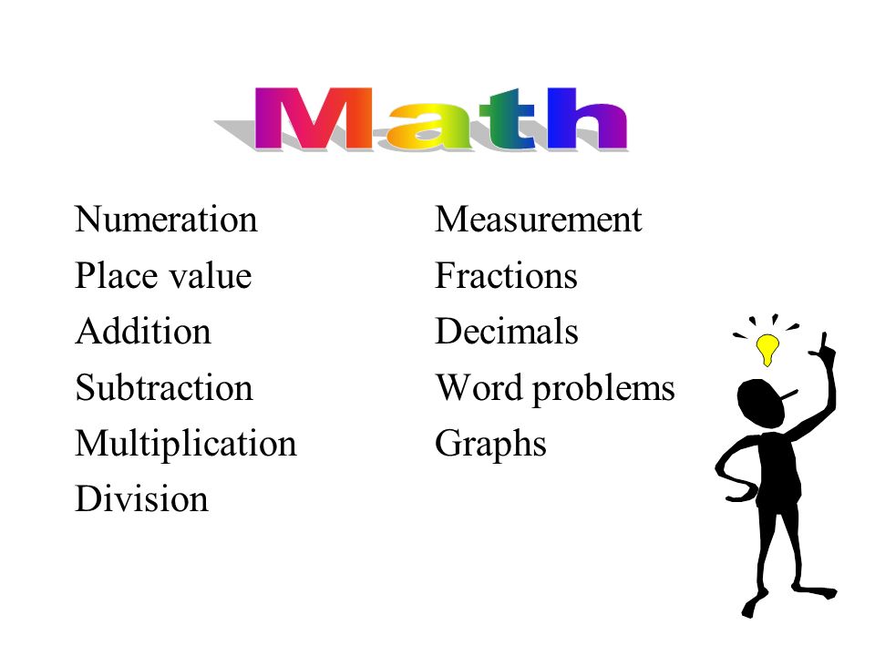 Numeration Measurement Place value Fractions Addition Decimals Subtraction Word problems Multiplication Graphs Division