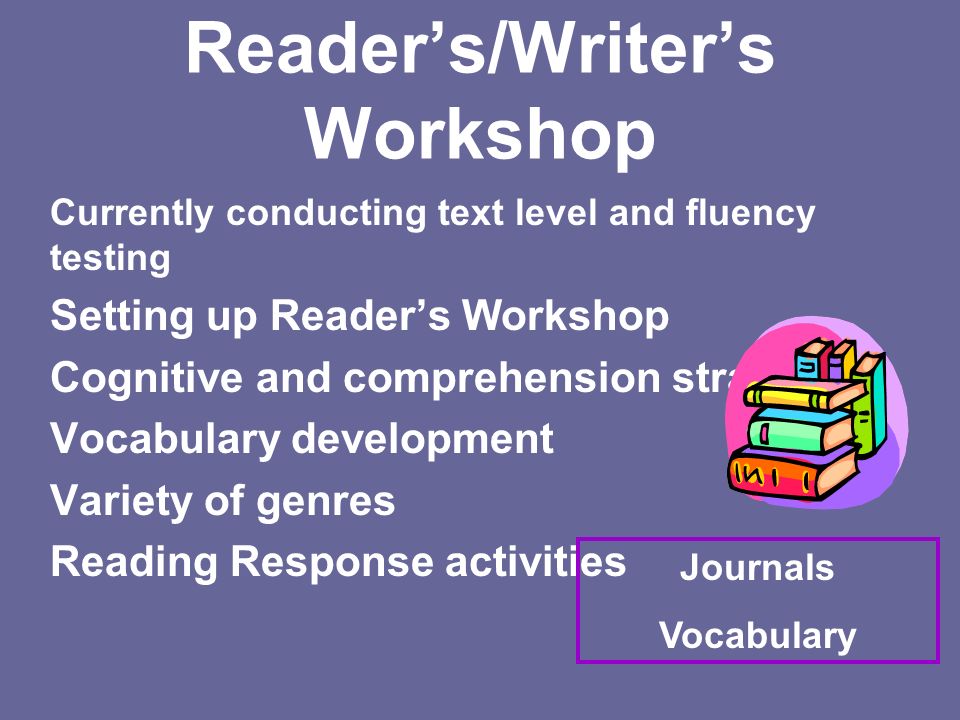 Reader’s/Writer’s Workshop Currently conducting text level and fluency testing Setting up Reader’s Workshop Cognitive and comprehension strategies Vocabulary development Variety of genres Reading Response activities Journals Vocabulary