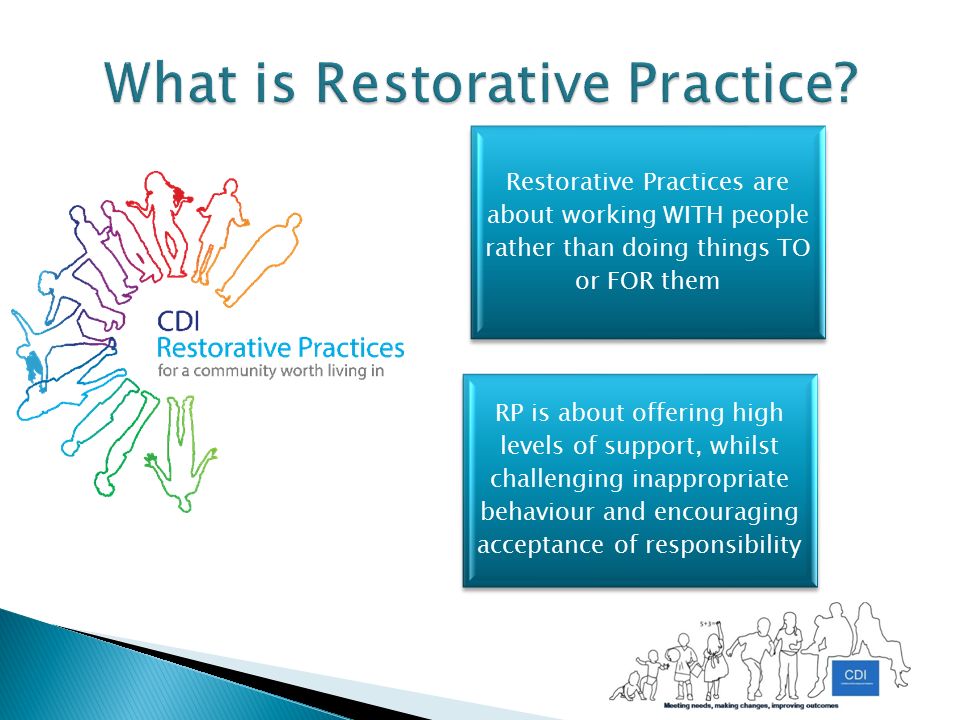 Restorative Practices are about working WITH people rather than doing things TO or FOR them RP is about offering high levels of support, whilst challenging inappropriate behaviour and encouraging acceptance of responsibility