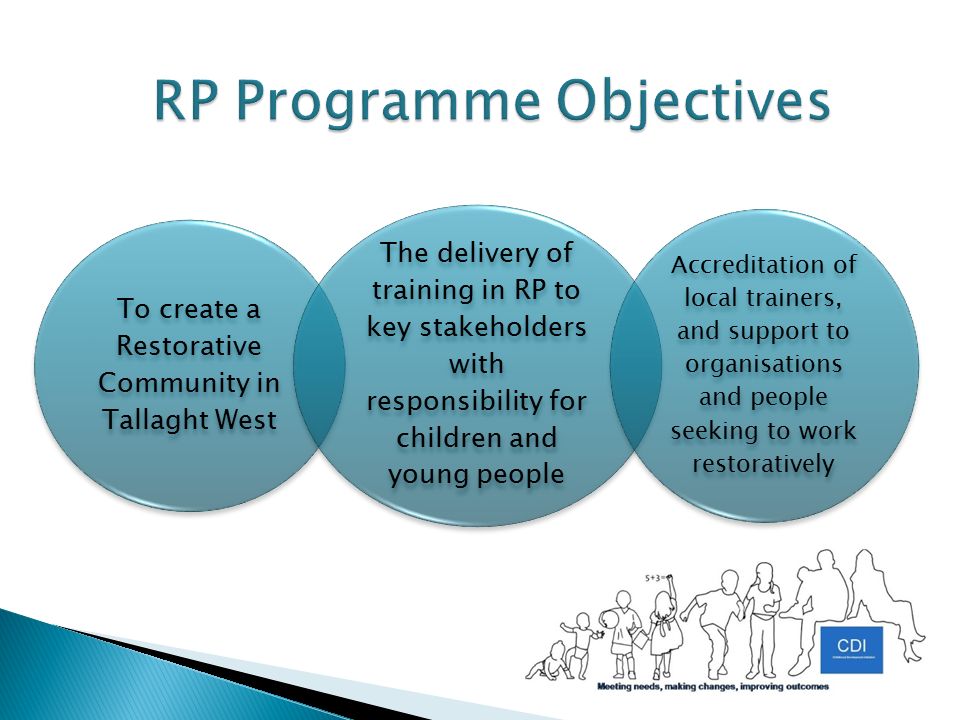 To create a Restorative Community in Tallaght West The delivery of training in RP to key stakeholders with responsibility for children and young people Accreditation of local trainers, and support to organisations and people seeking to work restoratively