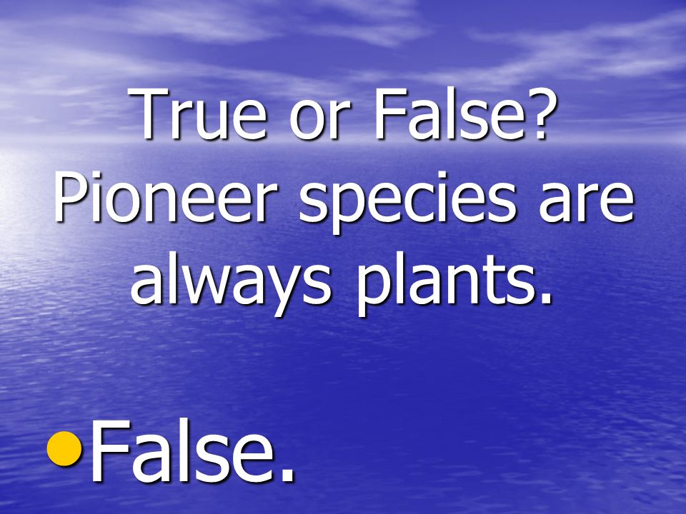 True or False Pioneer species are always plants. False. False.