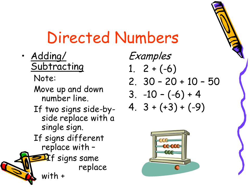 Directed Numbers Adding/ Subtracting Note: Move up and down number line.