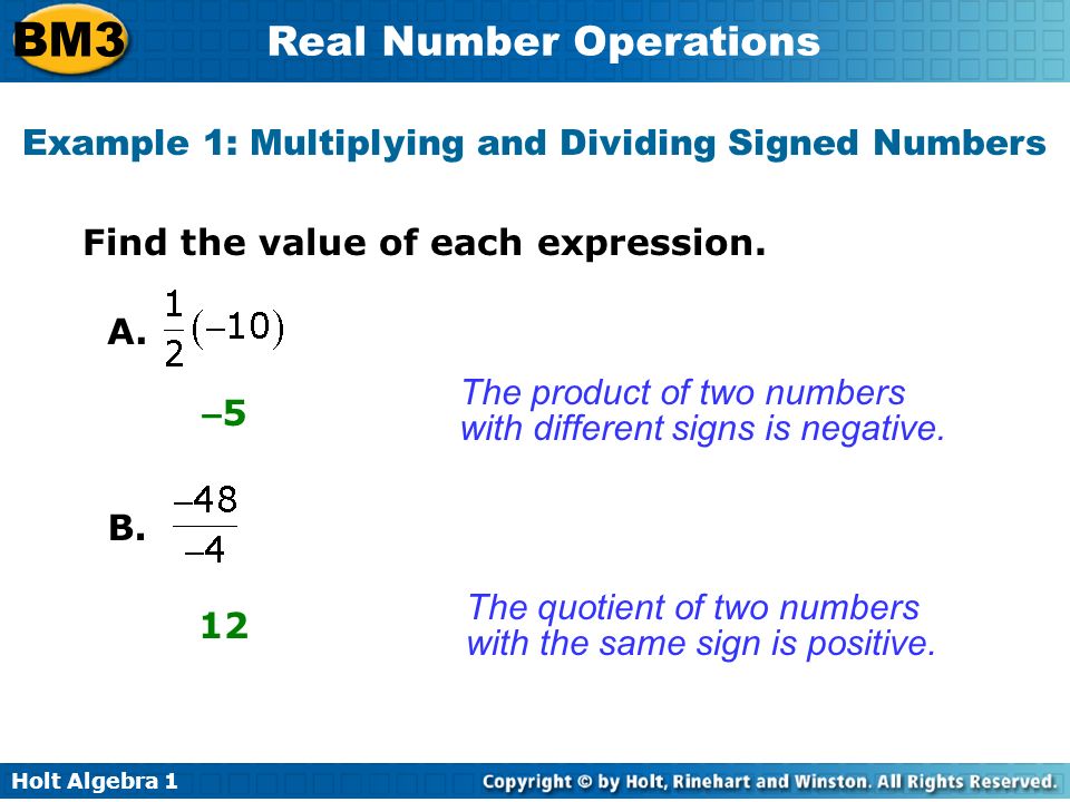 Holt Algebra 1 BM3 Real Number Operations Find the value of each expression.