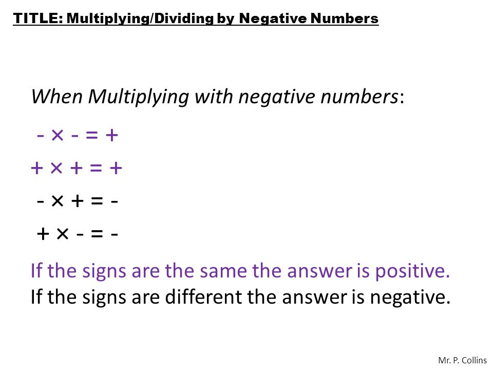 TITLE: Multiplying/Dividing by Negative Numbers Mr.