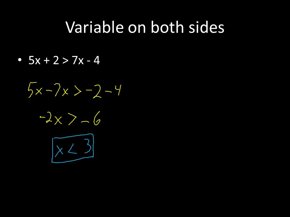 Variable on both sides 5x + 2 > 7x - 4