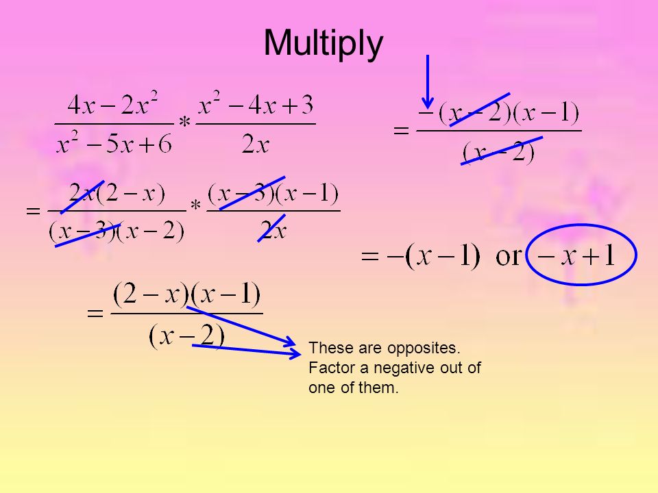 Multiply These are opposites. Factor a negative out of one of them.