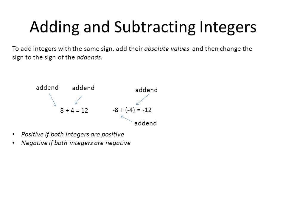 Adding and Subtracting Integers To add integers with the same sign, add their absolute values and then change the sign to the sign of the addends.
