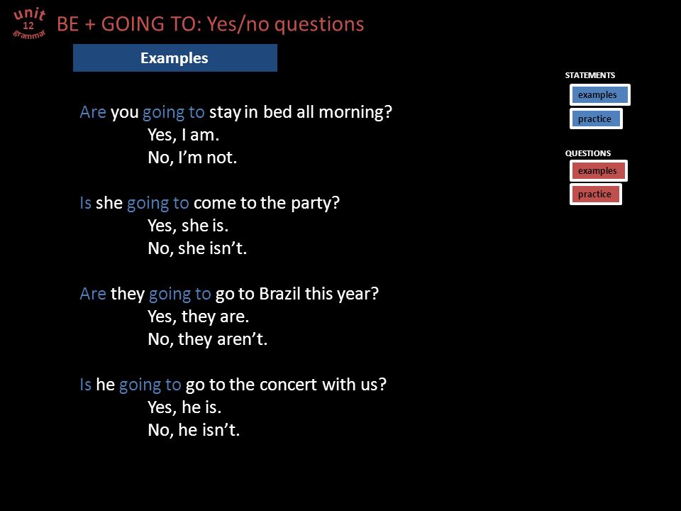 BE + GOING TO: Yes/no questions 12 Are you going to stay in bed all morning.