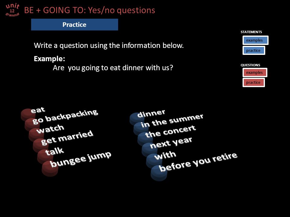 BE + GOING TO: Yes/no questions Practice 12 Write a question using the information below.