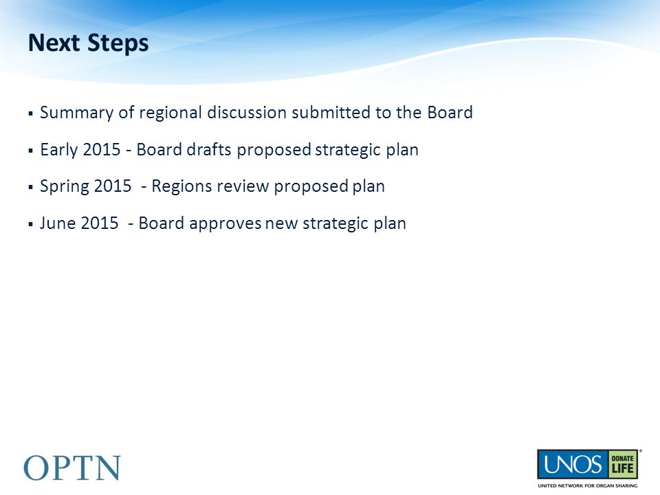  Summary of regional discussion submitted to the Board  Early Board drafts proposed strategic plan  Spring Regions review proposed plan  June Board approves new strategic plan Next Steps