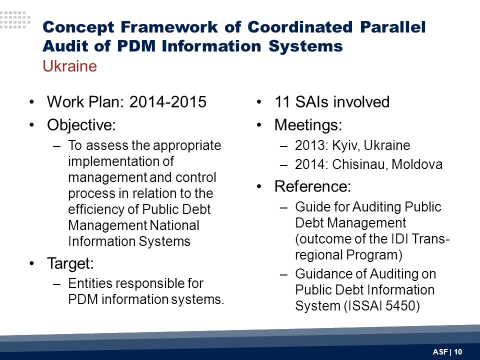 ASF | 10 Concept Framework of Coordinated Parallel Audit of PDM Information Systems Ukraine Work Plan: Objective: –To assess the appropriate implementation of management and control process in relation to the efficiency of Public Debt Management National Information Systems Target: –Entities responsible for PDM information systems.