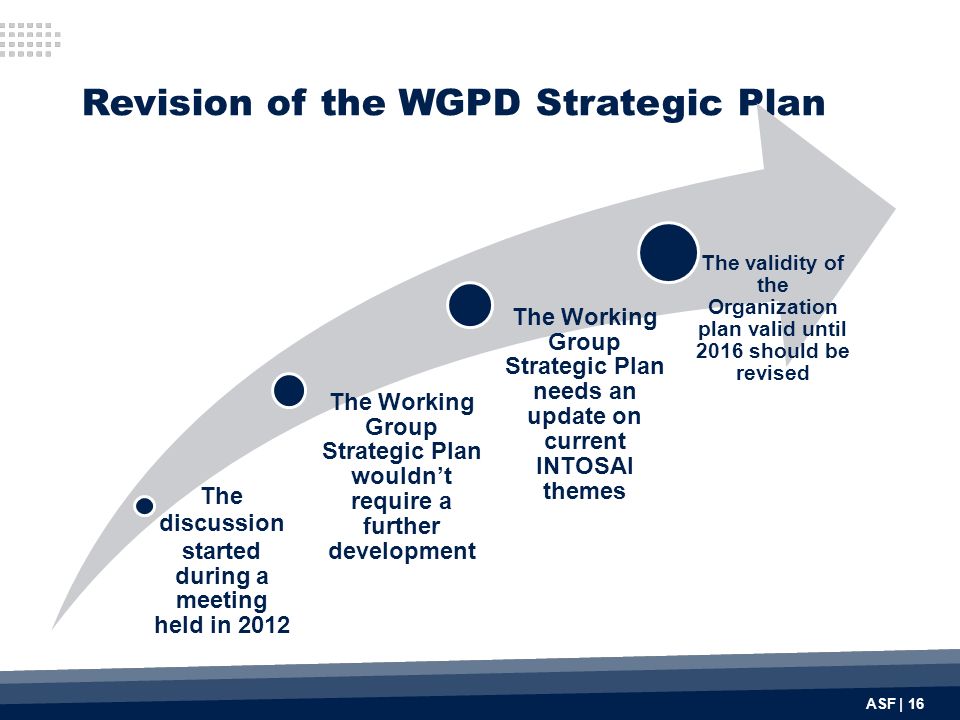 ASF | 16 Revision of the WGPD Strategic Plan The discussion started during a meeting held in 2012 The Working Group Strategic Plan wouldn’t require a further development The Working Group Strategic Plan needs an update on current INTOSAI themes The validity of the Organization plan valid until 2016 should be revised