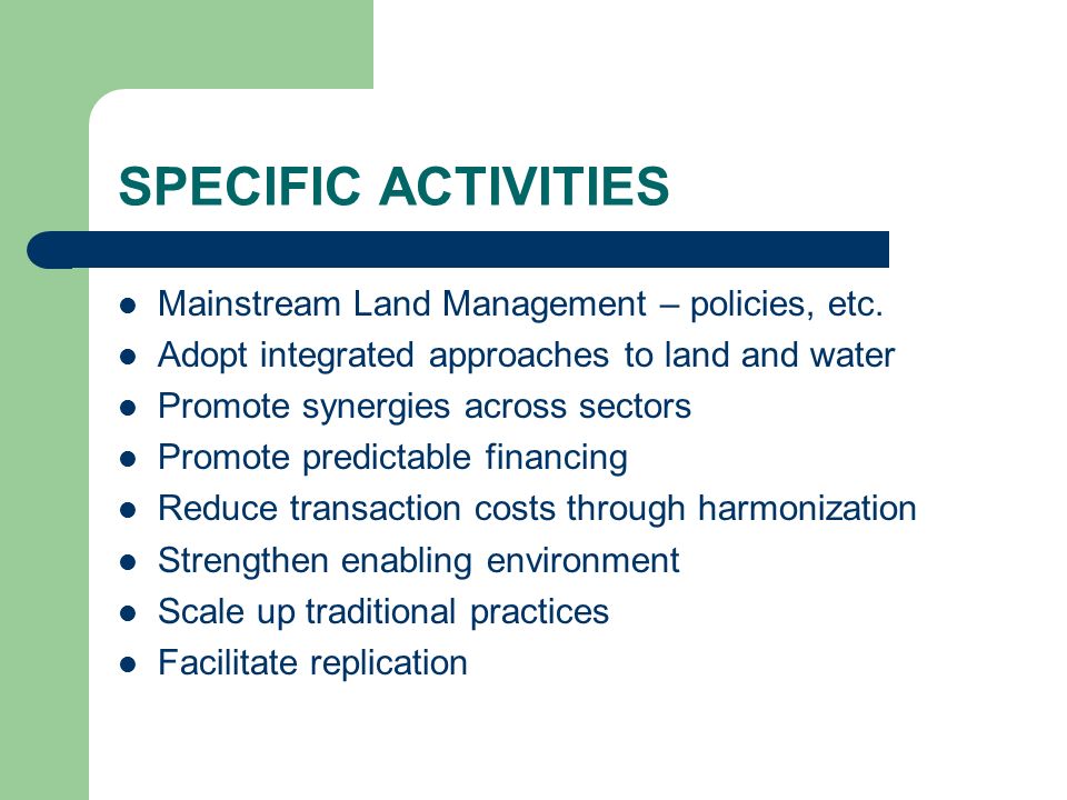 SPECIFIC ACTIVITIES Mainstream Land Management – policies, etc.