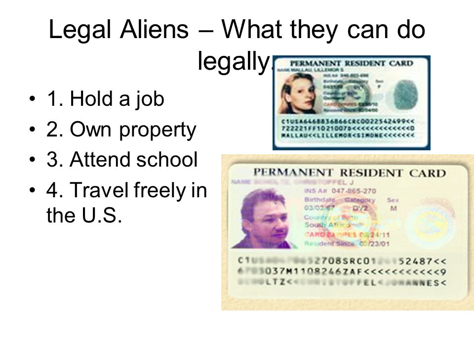 Legal Aliens – What they can do legally. 1. Hold a job 2.