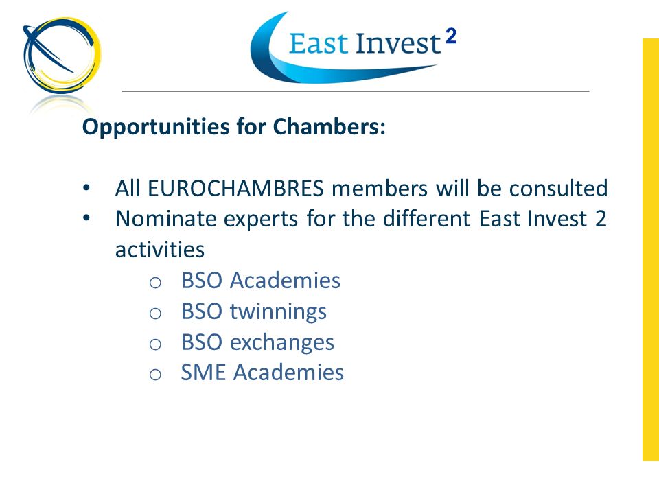 Opportunities for Chambers: All EUROCHAMBRES members will be consulted Nominate experts for the different East Invest 2 activities o BSO Academies o BSO twinnings o BSO exchanges o SME Academies 2