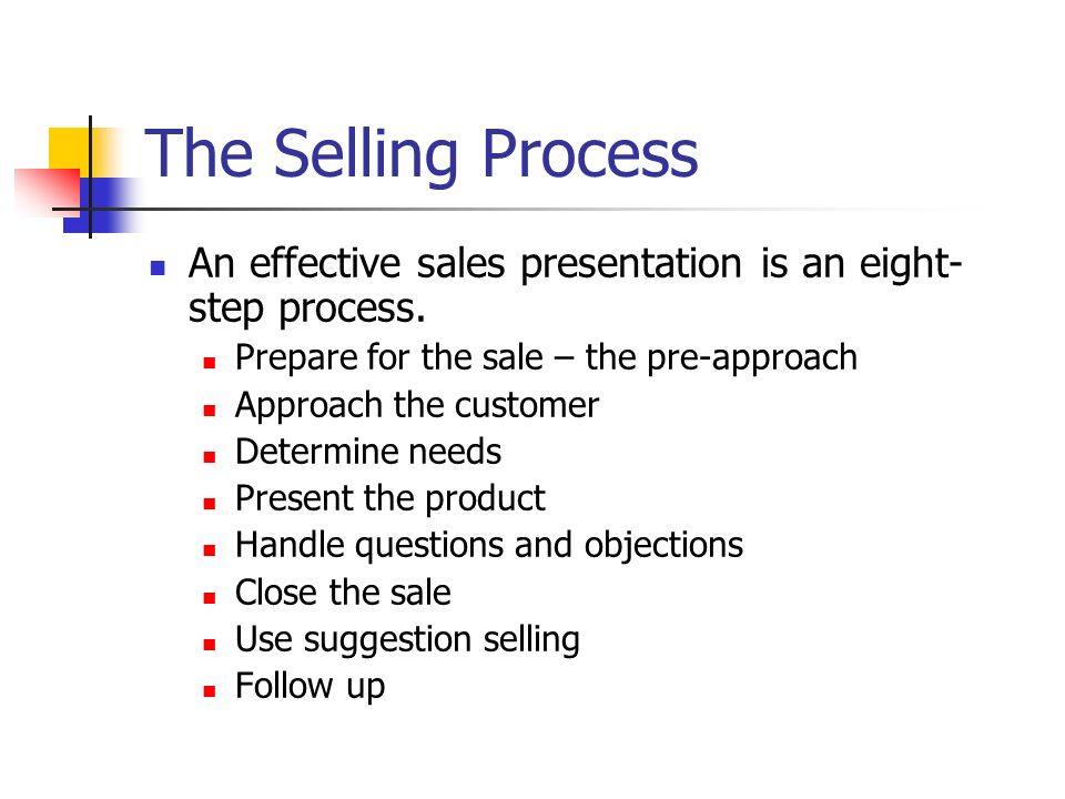 The Selling Process An effective sales presentation is an eight- step process.