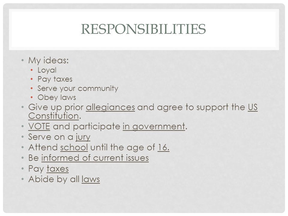 RESPONSIBILITIES My ideas: Loyal Pay taxes Serve your community Obey laws Give up prior allegiances and agree to support the US Constitution.
