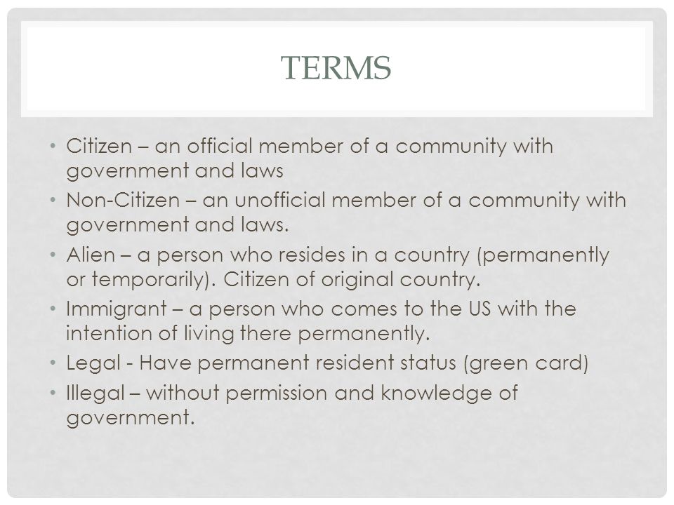 TERMS Citizen – an official member of a community with government and laws Non-Citizen – an unofficial member of a community with government and laws.
