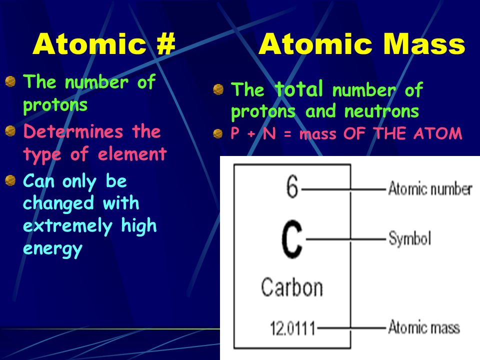 Atomic # The number of protons Determines the type of element Can only be changed with extremely high energy Atomic Mass The total number of protons and neutrons P + N = mass OF THE ATOM