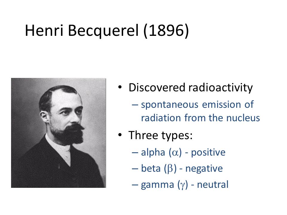 Henri Becquerel (1896) Discovered radioactivity – spontaneous emission of radiation from the nucleus Three types: – alpha (  ) - positive – beta (  ) - negative – gamma (  ) - neutral