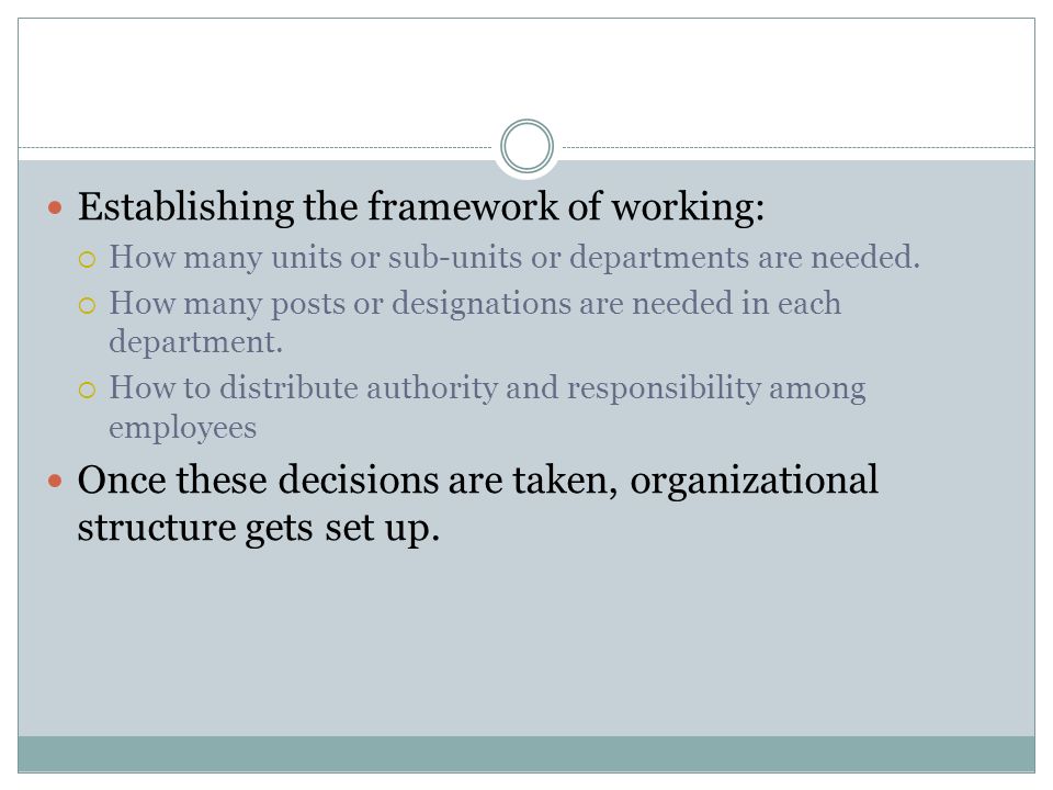 Establishing the framework of working:  How many units or sub-units or departments are needed.