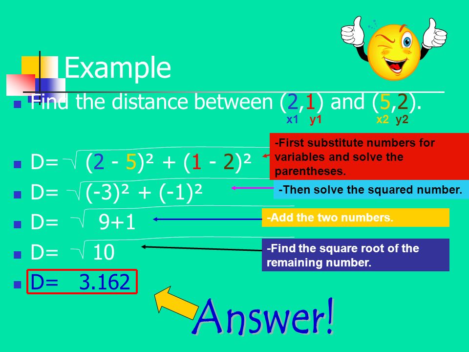 Example Find the distance between (2,1) and (5,2).
