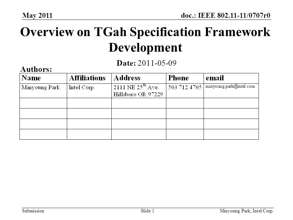 doc.: IEEE /0707r0 Submission May 2011 Minyoung Park, Intel Corp.Slide 1 Overview on TGah Specification Framework Development Date: Authors: