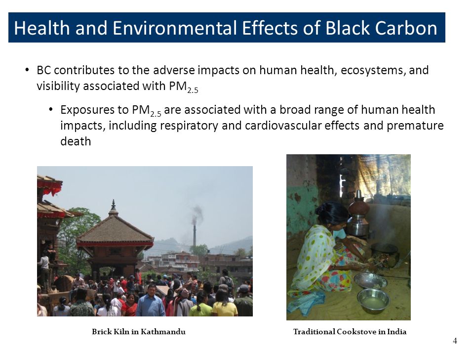 Health and Environmental Effects of Black Carbon BC contributes to the adverse impacts on human health, ecosystems, and visibility associated with PM 2.5 Exposures to PM 2.5 are associated with a broad range of human health impacts, including respiratory and cardiovascular effects and premature death Brick Kiln in KathmanduTraditional Cookstove in India 4