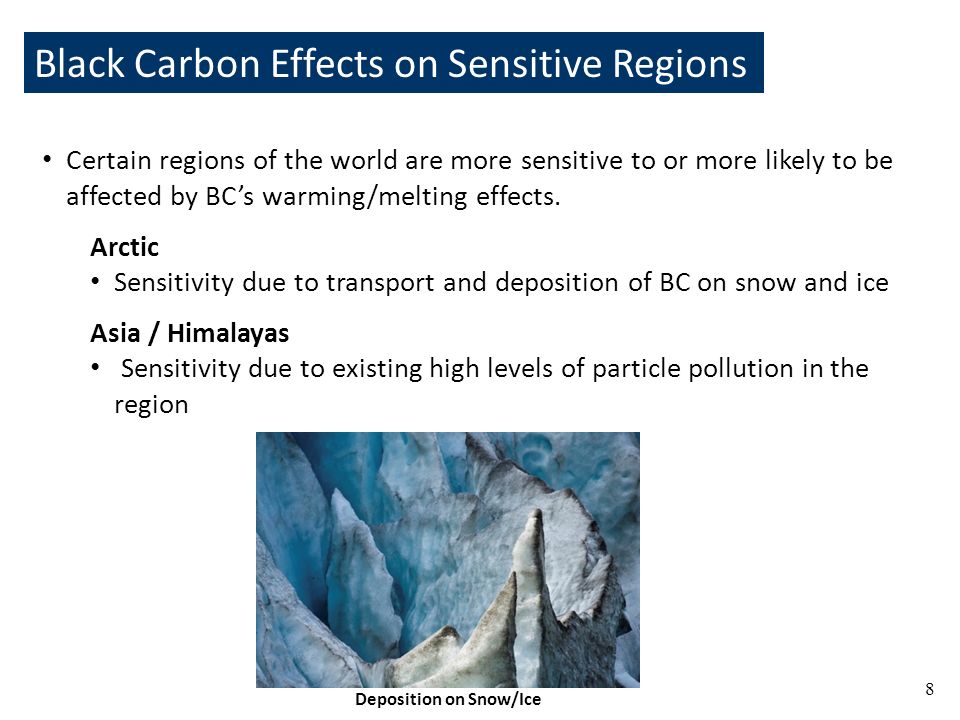 Black Carbon Effects on Sensitive Regions Certain regions of the world are more sensitive to or more likely to be affected by BC’s warming/melting effects.