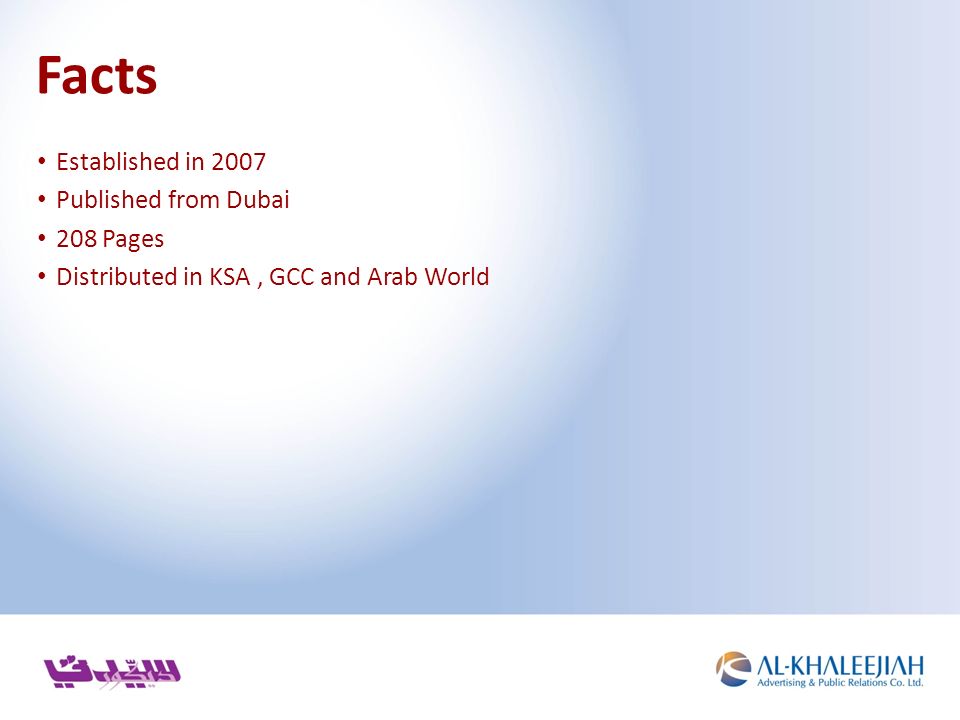 Established in 2007 Published from Dubai 208 Pages Distributed in KSA, GCC and Arab World Facts