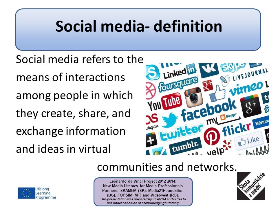 social media definition Social media social media are computer-mediated technologies that facilitate the creation and sharing of information, ideas, career interests and other forms of expression via virtual communities and networks. social media definition Social media social media are computer-mediated technologies that facilitate the creation and sharing of information, ideas, career interests and other forms of expression via virtual communities and networks.
