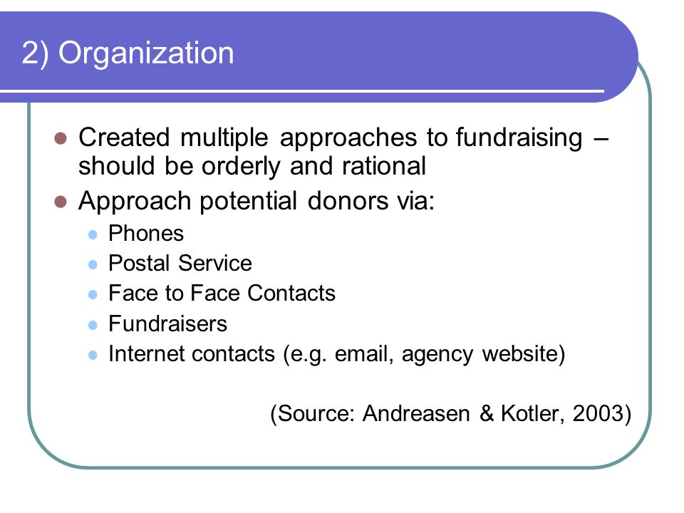 2) Organization Created multiple approaches to fundraising – should be orderly and rational Approach potential donors via: Phones Postal Service Face to Face Contacts Fundraisers Internet contacts (e.g.