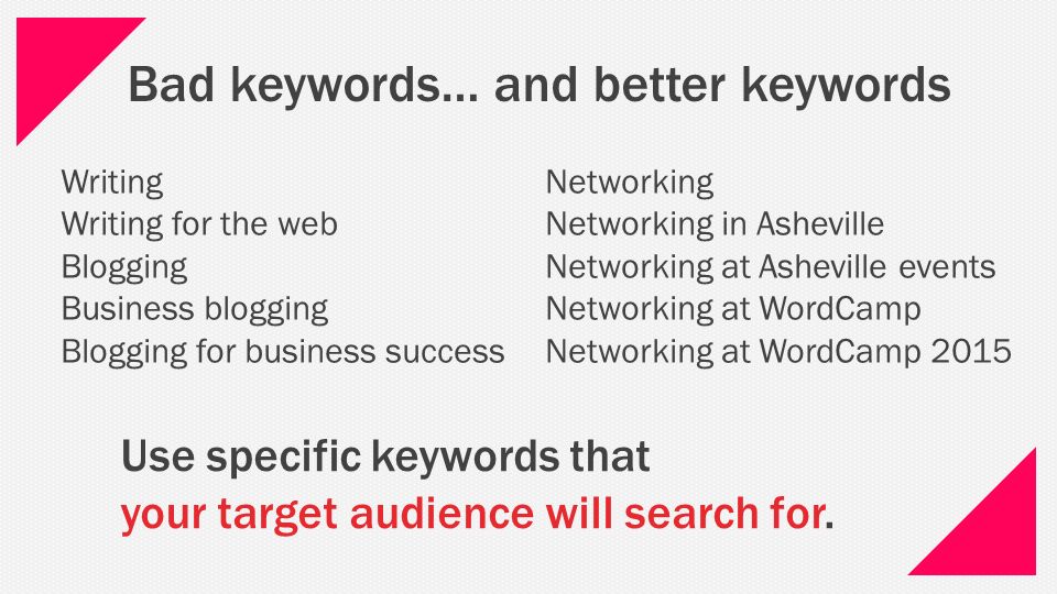 Bad keywords… and better keywords Writing Writing for the web Blogging Business blogging Blogging for business success Networking Networking in Asheville Networking at Asheville events Networking at WordCamp Networking at WordCamp 2015 Use specific keywords that your target audience will search for.