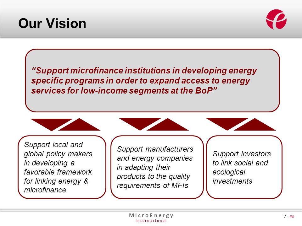 M i c r o E n e r g y I n t e r n a t I o n a l 7 - ## Our Vision Support microfinance institutions in developing energy specific programs in order to expand access to energy services for low-income segments at the BoP Support local and global policy makers in developing a favorable framework for linking energy & microfinance Support manufacturers and energy companies in adapting their products to the quality requirements of MFIs Support investors to link social and ecological investments
