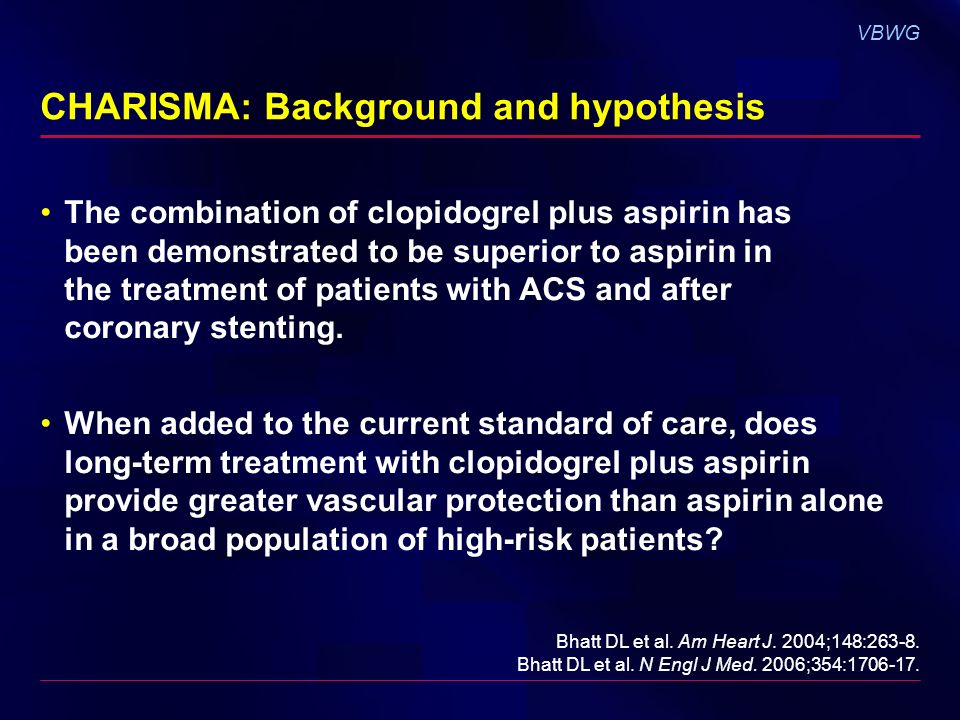 VBWG CHARISMA: Background and hypothesis The combination of clopidogrel plus aspirin has been demonstrated to be superior to aspirin in the treatment of patients with ACS and after coronary stenting.