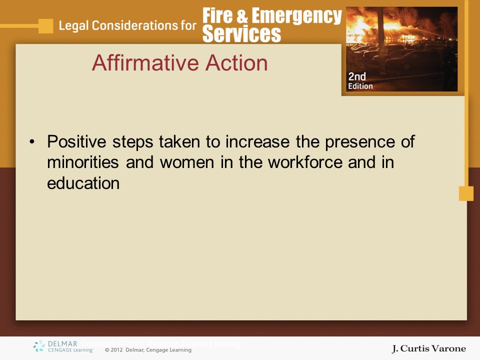 Copyright © 2007 Thomson Delmar Learning Affirmative Action Positive steps taken to increase the presence of minorities and women in the workforce and in education