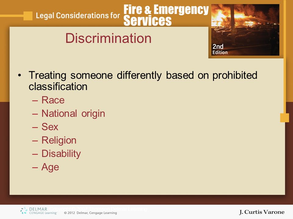 Copyright © 2007 Thomson Delmar Learning Discrimination Treating someone differently based on prohibited classification –Race –National origin –Sex –Religion –Disability –Age