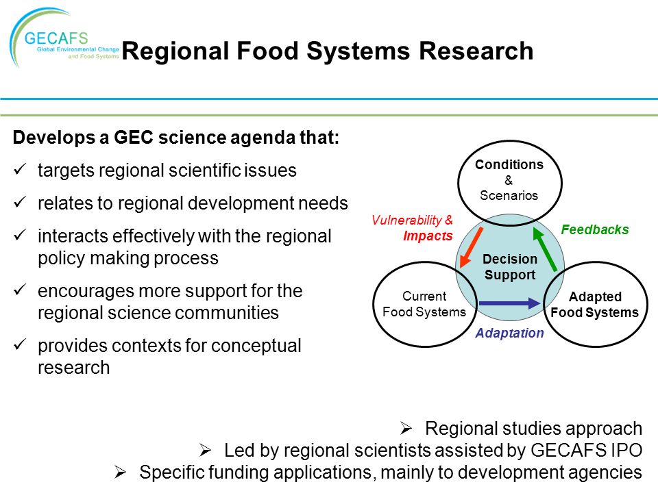 Develops a GEC science agenda that: targets regional scientific issues relates to regional development needs interacts effectively with the regional policy making process encourages more support for the regional science communities provides contexts for conceptual research Regional Food Systems Research  Regional studies approach  Led by regional scientists assisted by GECAFS IPO  Specific funding applications, mainly to development agencies Conditions & Scenarios Current Food Systems Adapted Food Systems Vulnerability & Impacts Feedbacks Adaptation Decision Support