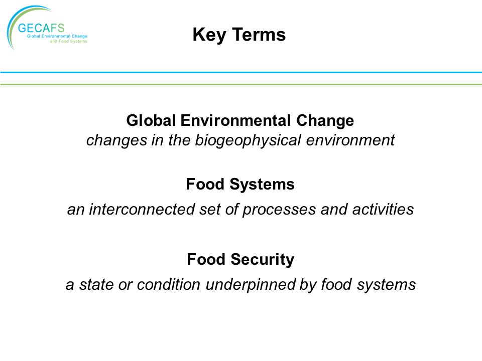 Global Environmental Change changes in the biogeophysical environment Food Systems an interconnected set of processes and activities Food Security a state or condition underpinned by food systems Key Terms