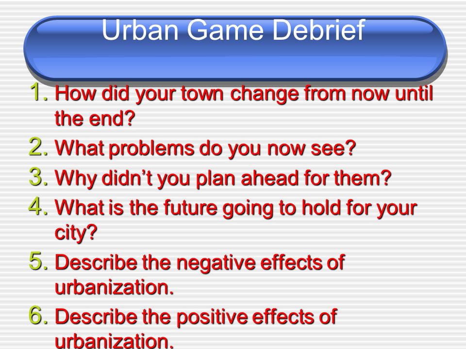 Urban Game Debrief 1. How did your town change from now until the end.