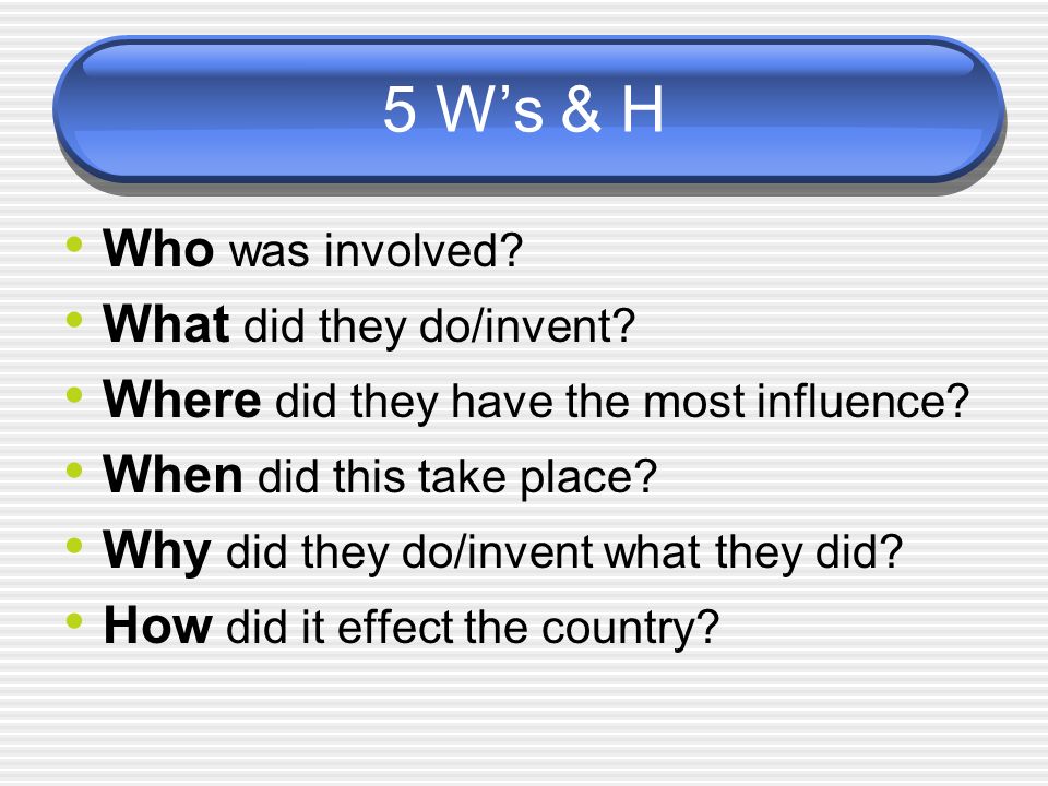 5 W’s & H Who was involved. What did they do/invent.
