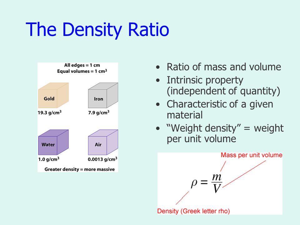 The Density Ratio Ratio of mass and volume Intrinsic property (independent of quantity) Characteristic of a given material Weight density = weight per unit volume
