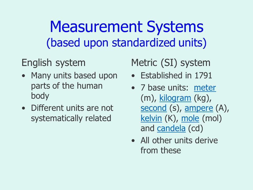 Measurement Systems (based upon standardized units) English system Many units based upon parts of the human body Different units are not systematically related Metric (SI) system Established in base units: meter (m), kilogram (kg), second (s), ampere (A), kelvin (K), mole (mol) and candela (cd)meterkilogram secondampere kelvinmolecandela All other units derive from these